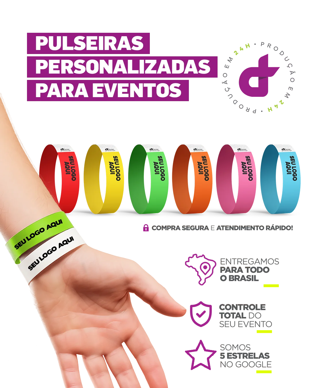 Pulseiras personalizadas para eventos DT Design. Produção em 24h, entrega para todo o Brasil e controle do seu evento.